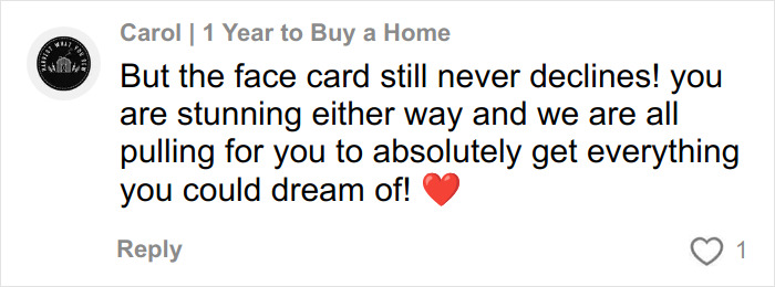 Comment praising and supporting a Bridgerton actress, highlighting her impact of mental health on her body with a heart emoji.