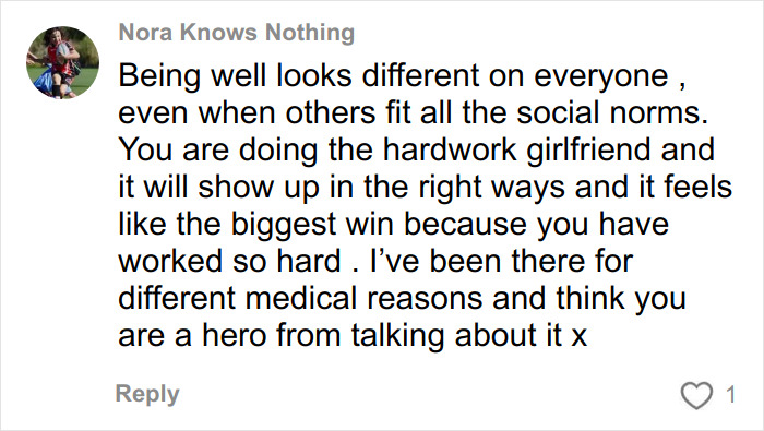 Comment from social media user Nora Knows Nothing sharing support for mental health and the impact it has on the body.