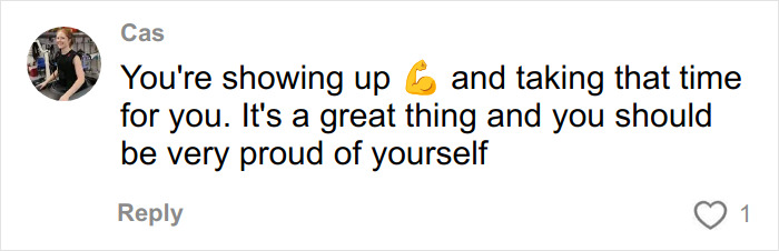 Comment praising someone for showing up and taking time for self-care, highlighting impact of mental health on body.