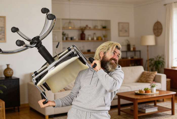 Violent Guy Smashes A Chair Through A Window, Mad As BIL Ruined His "Funny" Seat Prank