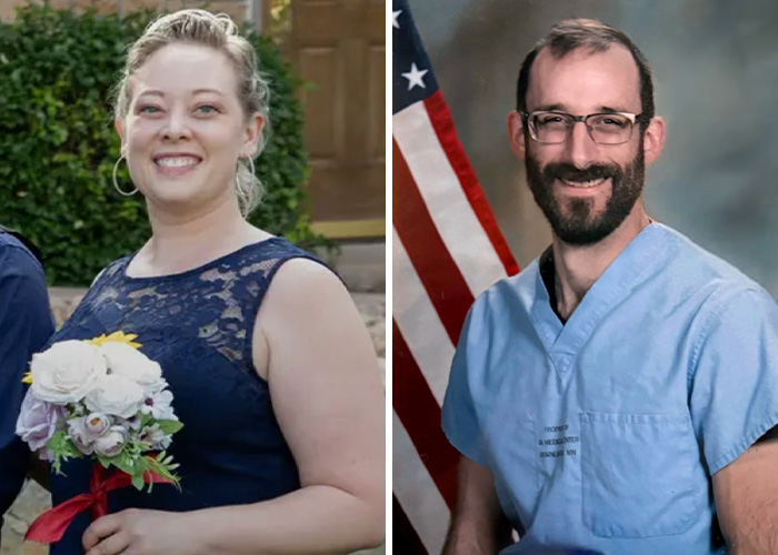 Side-by-side images of a smiling woman in a navy lace dress holding flowers and a man in scrubs with glasses near an American flag reacting to ICE.