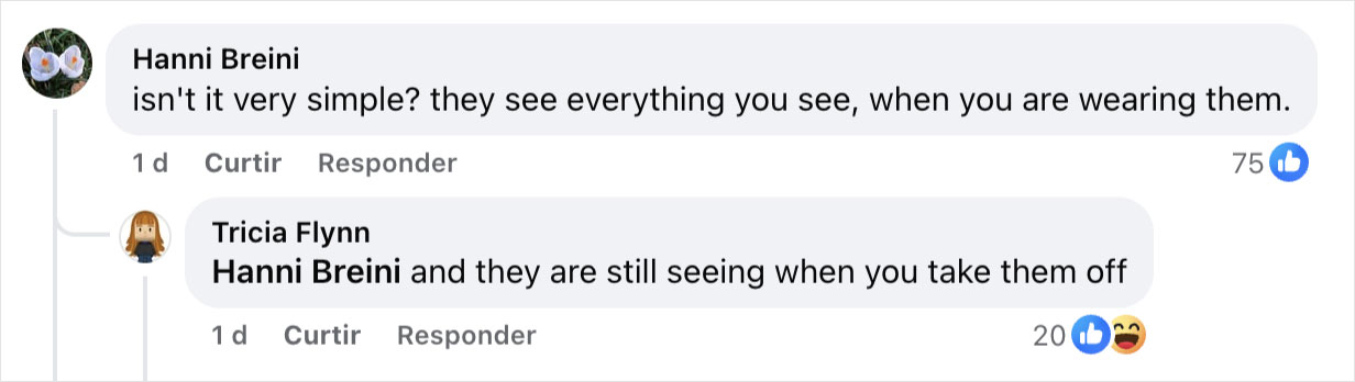 Comments discussing privacy concerns of Meta workers seeing users' activities through smart glasses technology.