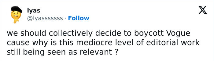Tweet criticizing Vogue cover, calling it a mediocre level of editorial work and questioning its relevance. Tweet criticizing Vogue cover, calling it a mediocre level of editorial work and questioning its relevance.