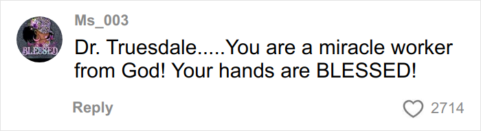 Comment praising a plastic surgeon as a miracle worker with blessed hands, posted by user Ms_003.