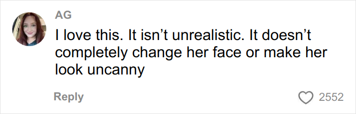 Comment from user AG praising a plastic surgeon&rsquo;s realistic transformation of a grandma without making her look uncanny.