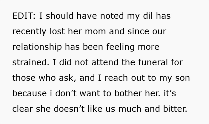 Text excerpt from a MIL explaining strained relationship with son and DIL after family loss, showing anger and bitterness.