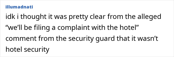 Alt text: Screenshot of a social media comment discussing the complaint involving Chappell Roan and luxury hotel security. Alt text: Screenshot of a social media comment discussing the complaint involving Chappell Roan and luxury hotel security.