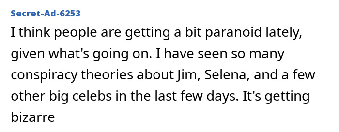 Text post discussing conspiracy theories involving Jim Carrey, Selena, and other celebrities amid recent unusual events.