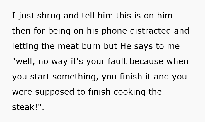 Text showing a conversation about refusing to pay husband for burnt steak cooked due to distraction on phone.