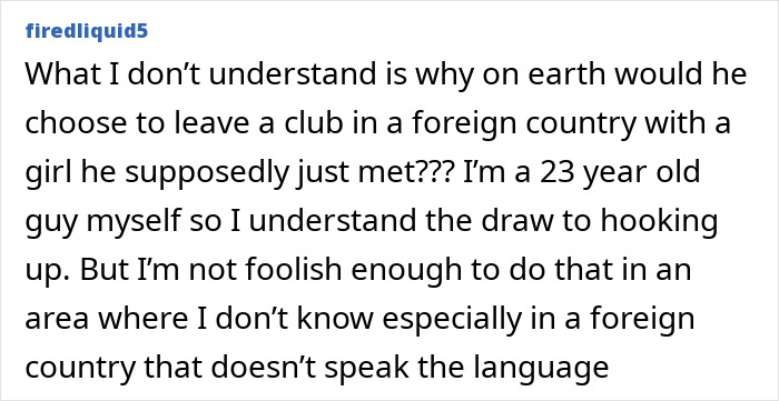 Screenshot of text from user firedliquid5 questioning the decision to leave a club in a foreign country, related to suspicious footage in a vanishing case.