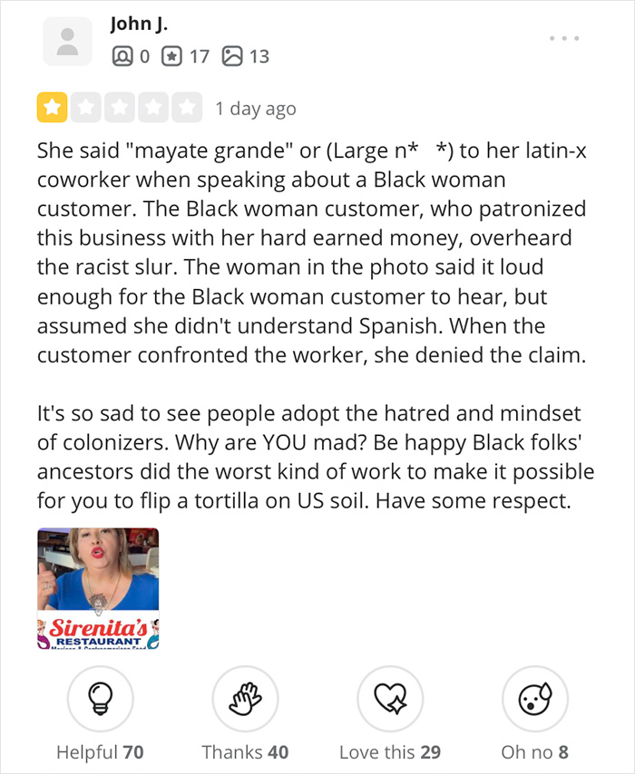Customer review criticizing waitress's use of Spanish racial slur at Sirenita's restaurant, sparking controversy and racism claims.