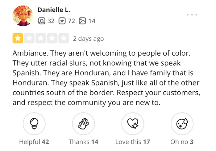 Customer review highlighting a restaurant bombed for a waitress using a Spanish racial slur unknowingly.