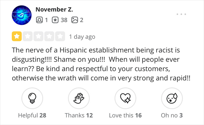 Customer review condemning Hispanic restaurant for using Spanish racial slur, prompting backlash and negative responses.