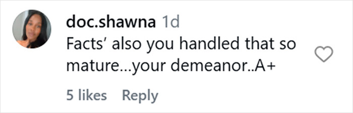 Comment from user doc.shawna praising mature demeanor after restaurant incident involving Spanish racial slur controversy.