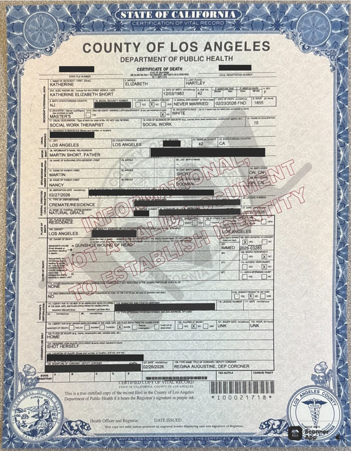 Los Angeles death certificate showing cause behind Katherine Short’s passing as gunshot wound to the head. Los Angeles death certificate showing cause behind Katherine Short’s passing as gunshot wound to the head.