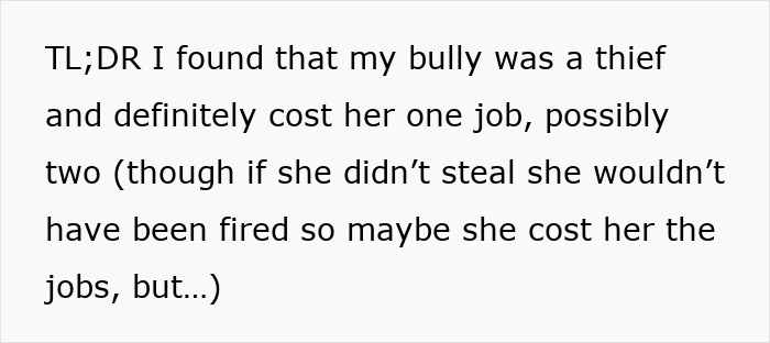 Text on screen reading a story about a lady exposing an office bully's theft and helping her lose two jobs.
