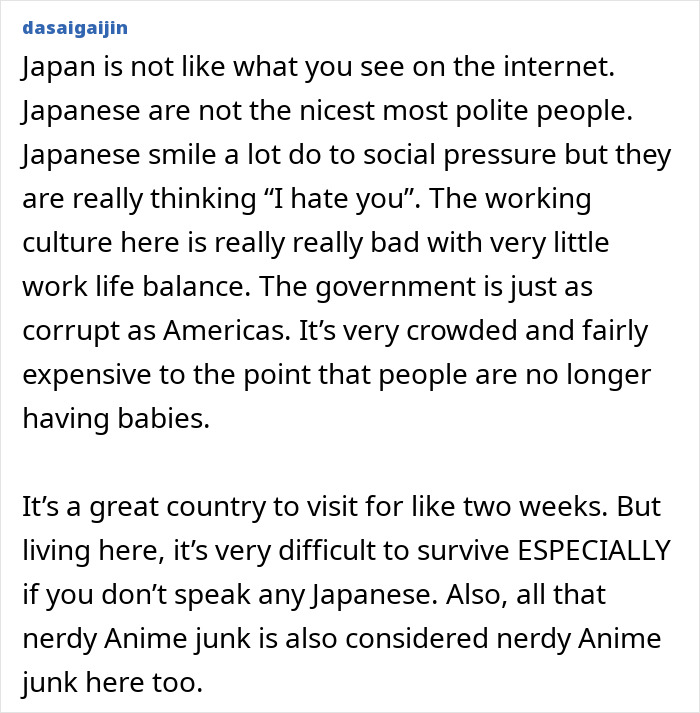 Text revealing Japan's true realities, challenging common stereotypes about countries. A local's honest view.