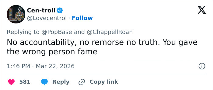 Tweet criticizes Chappell Roan for no accountability or remorse after backlash involving Jude Law's daughter. Tweet criticizes Chappell Roan for no accountability or remorse after backlash involving Jude Law's daughter.