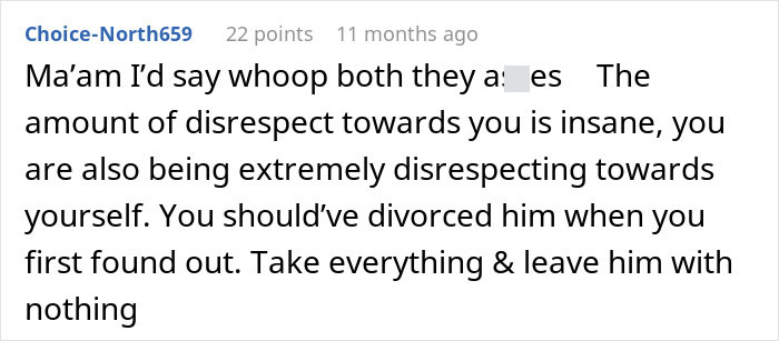 Screenshot of an online comment discussing a woman sleeping with a married man and disrespect in the relationship.