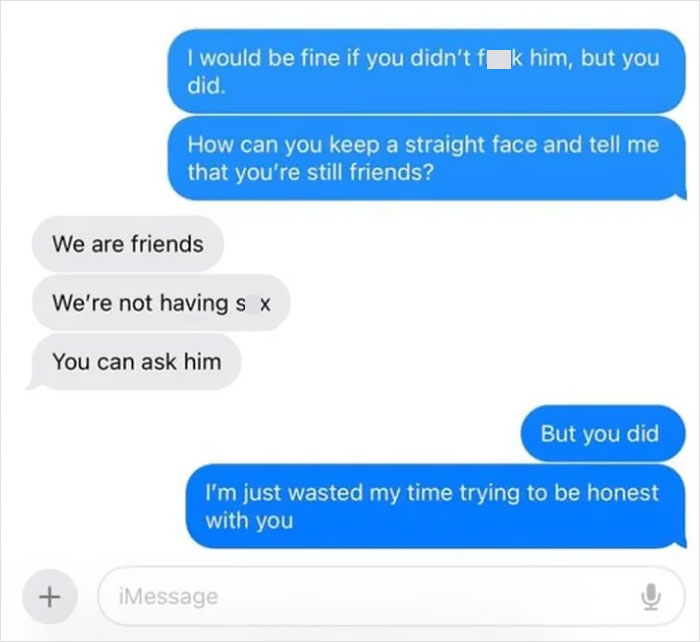 Text conversation showing a woman confronting a married man about their relationship and his denial of intimacy.