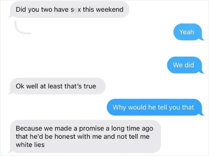 Text message exchange showing a woman confronting a married man about their relationship and honesty in texts.