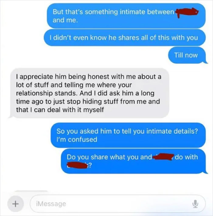 Text message exchange revealing a woman discussing intimacy and relationship details with a married man&rsquo;s partner.