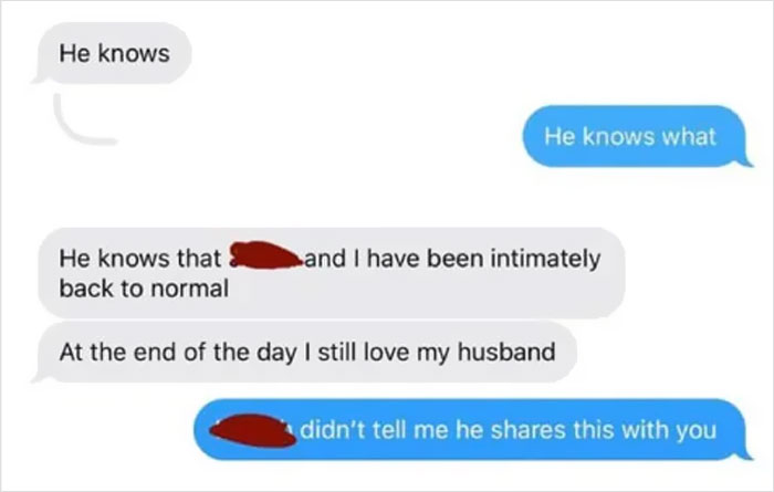 Text message conversation showing a woman admitting to sleeping with a married man and confronting his wife through texts.