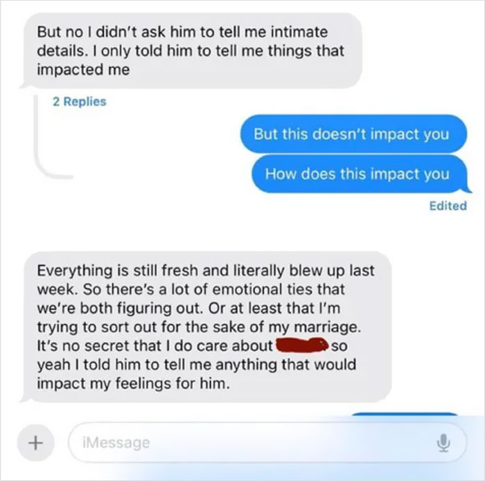 Text message conversation showing emotional and confrontational texts about a woman sleeping with a married man and relationship impact.