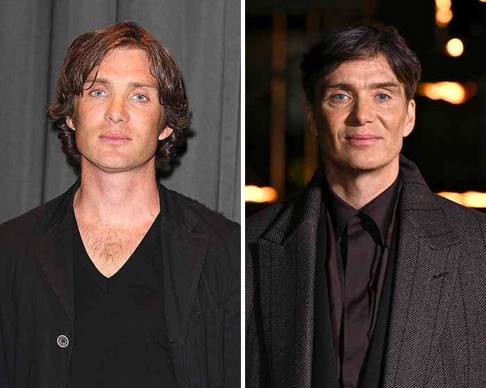 Side-by-side images of Cillian Murphy showing noticeable changes in appearance over the years sparking aging debate