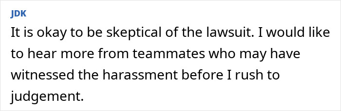Comment expressing skepticism about the lawsuit and interest in teammates' witness accounts of the underwater incident.
