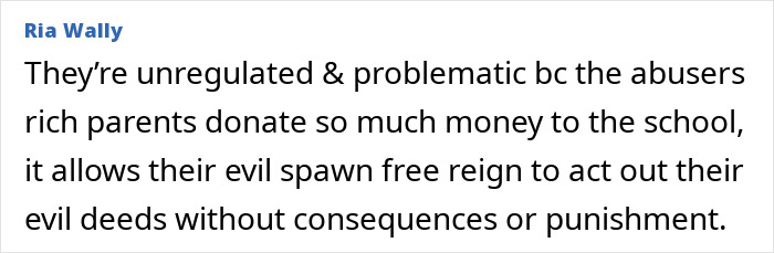 Alt text: Ria Wally commenting on unregulated issues related to abusers and the influence of rich parents in schools.