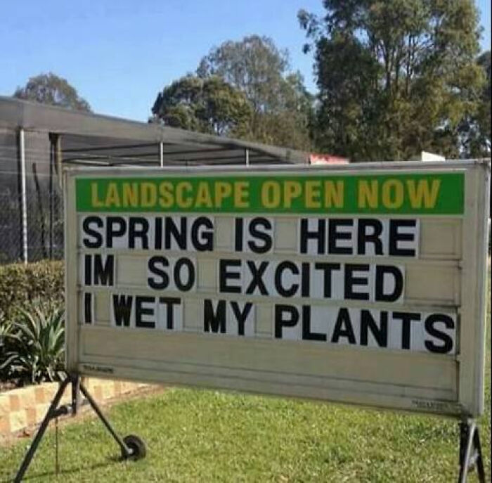 Humorous outdoor sign about spring excitement and watering plants, featured in funny signs that make people laugh or double take.