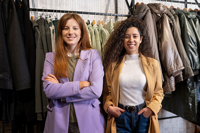 Two confident women standing in a clothing store, representing a lady confronting office bully and exposing theft.