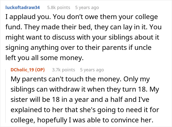 Forum conversation discussing delusional parents demanding teen daughter sacrifice education for sixth baby miracle.