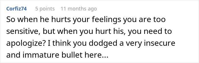 Comment discussing emotional sensitivity and insecurity in a relationship, related to accusations of sleeping to success.