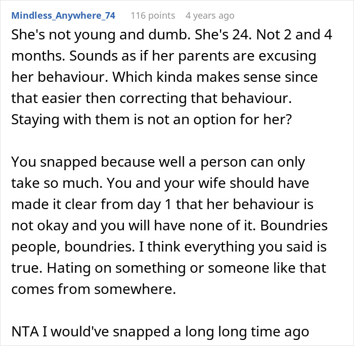 Comment discussing rude behavior and boundaries in a sil baby rude relationship, emphasizing the need for limits.
