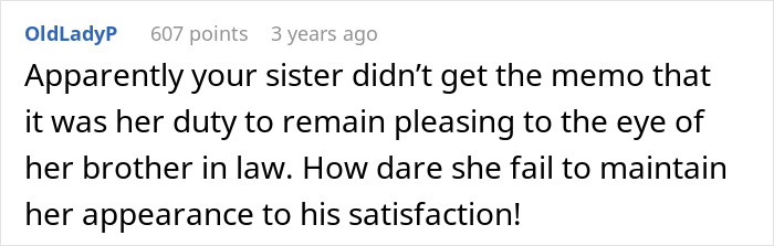 Screenshot of a forum comment about a husband&rsquo;s obsession with his wife&rsquo;s sister&rsquo;s weight and appearance dissatisfaction.