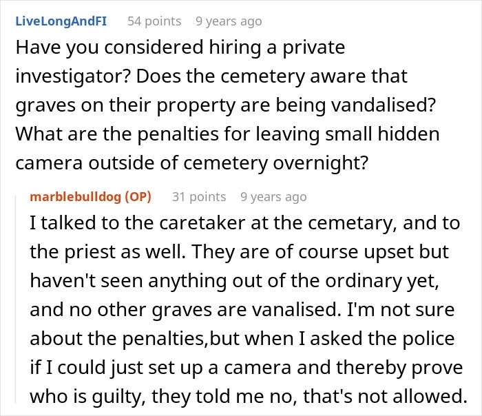 Screenshot of an online discussion about a man dealing with vandalism and vile letters at his daughter's grave.