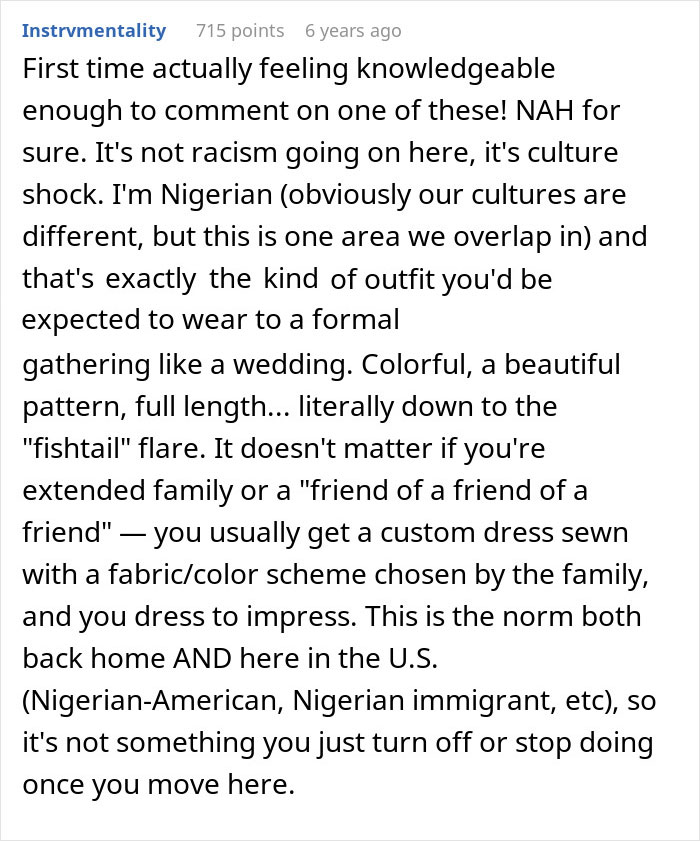 Comment discussing cultural expectations for formal wedding outfits and recognizing potential drama in approved attire at sister&rsquo;s wedding.