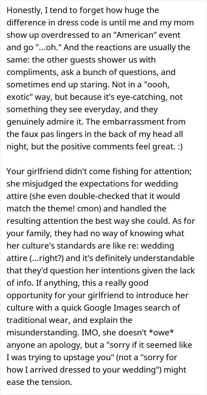 Text from a drama-filled wedding discussion about approving an outfit causing tension between girlfriend and family.