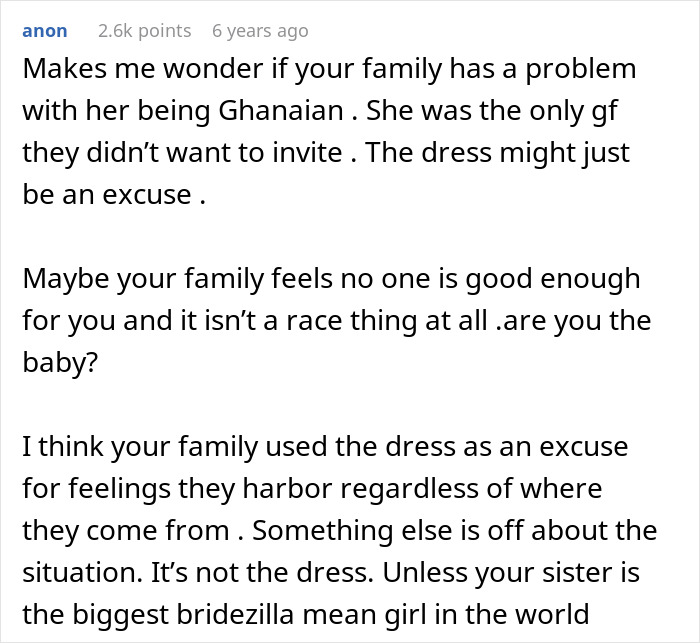 Comment discussing family issues and drama over a girlfriend&rsquo;s dress approval for sister&rsquo;s wedding causing conflict.