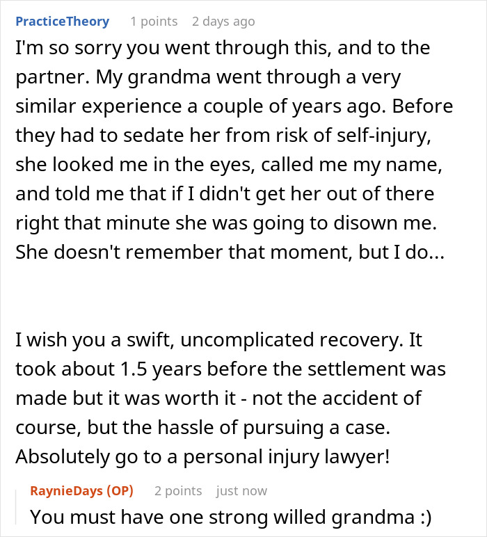 User comment about a grandma's recovery after injury, emphasizing serious car accident injuries and personal injury advice.