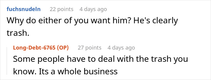 Screenshot of a social media comment thread discussing a woman trying to ignore that her husband has a mistress contacting her.