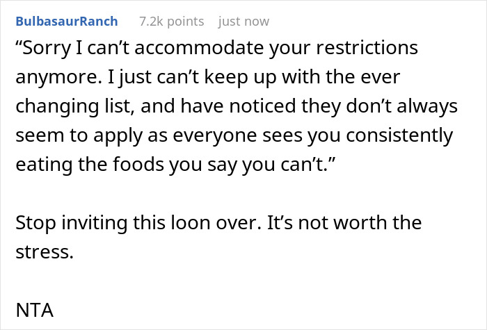 Screenshot of a comment revealing a picky eater caught secretly munching regular food despite claiming allergies.