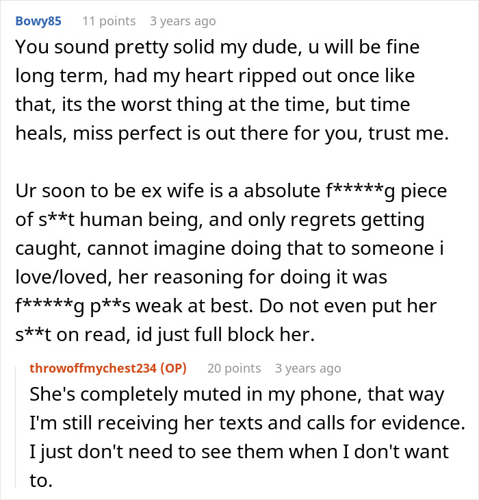 Alt text: Reddit comments discussing a woman admitting to cheating multiple times and her husband telling her parents before leaving.