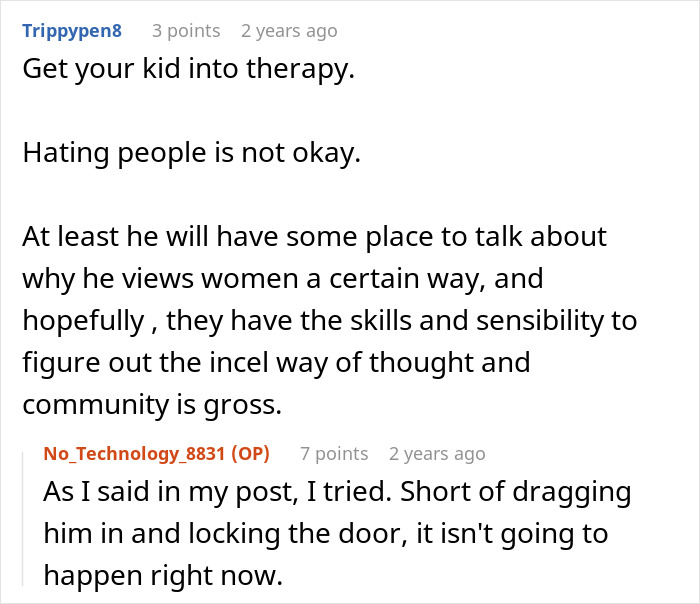 Screenshot of a Reddit conversation about therapy for a son involved in a war between divorced parents over cheating.