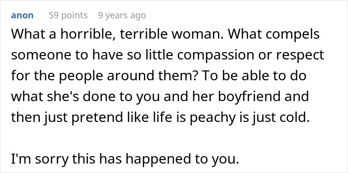 Comment expressing anger at a cheater hiding a one night stand from her boyfriend and a friend threatening to expose her.