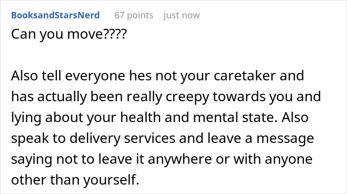 Screenshot of a comment warning about a neighbor lying about being a caretaker and acting in a creepy manner.
