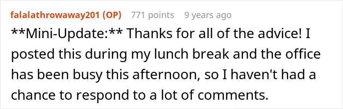 Screenshot of a Reddit post where a user shares an update about a cheater hiding a one night stand from her boyfriend.