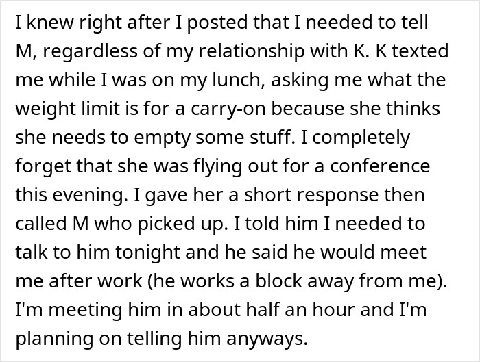 Text message discussing plans to reveal a cheater&rsquo;s one night stand and a friend&rsquo;s threat to expose her secret.